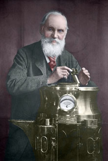 William Thomson, con una bitácora marina de su invención (1900)