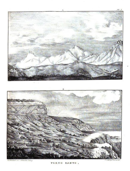 Colinas de Porto Santo (a) y costa (b), en Bodwich, 1823