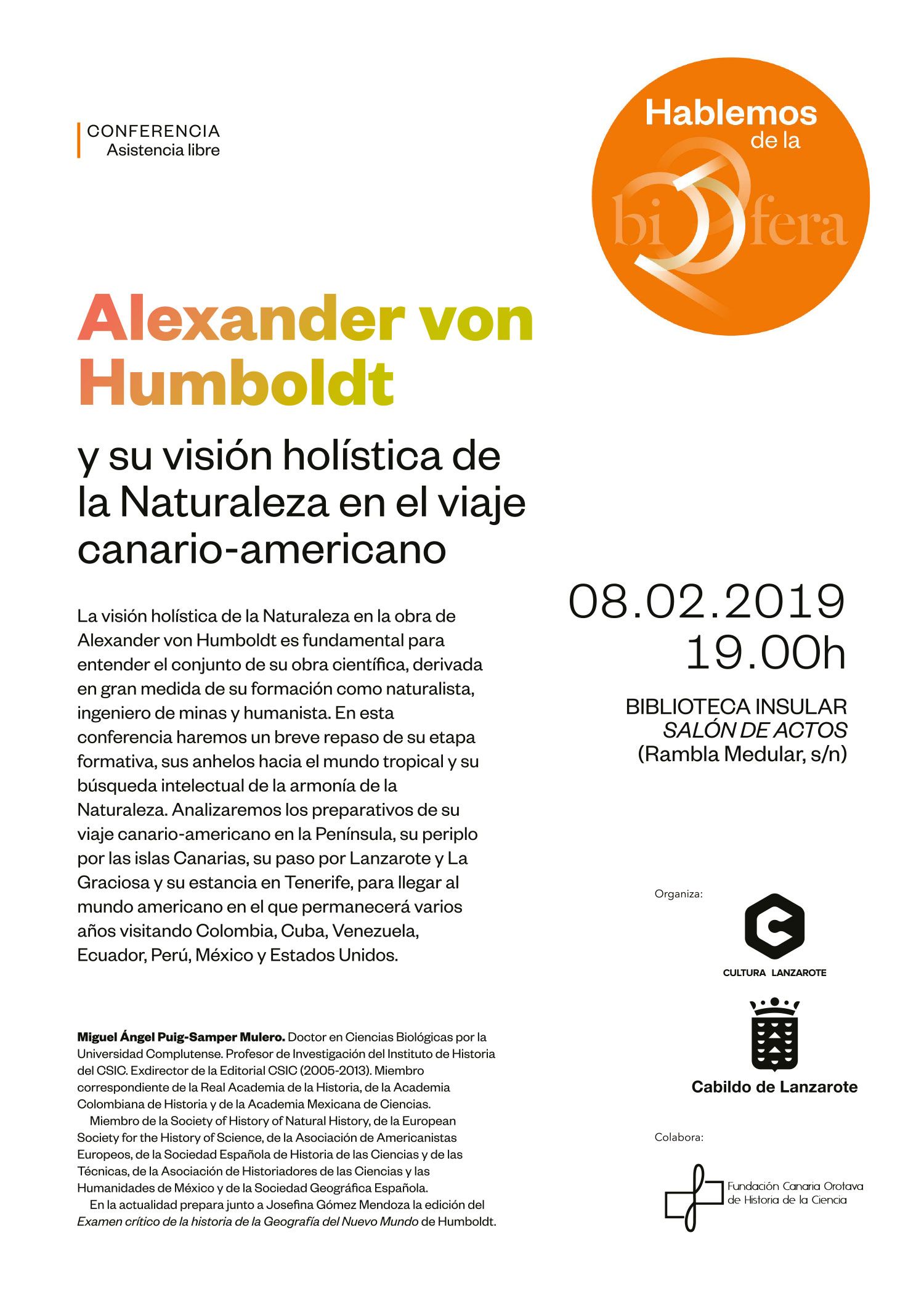 Conferencia Puig-Samper sobre Humbolt en Lanzarote