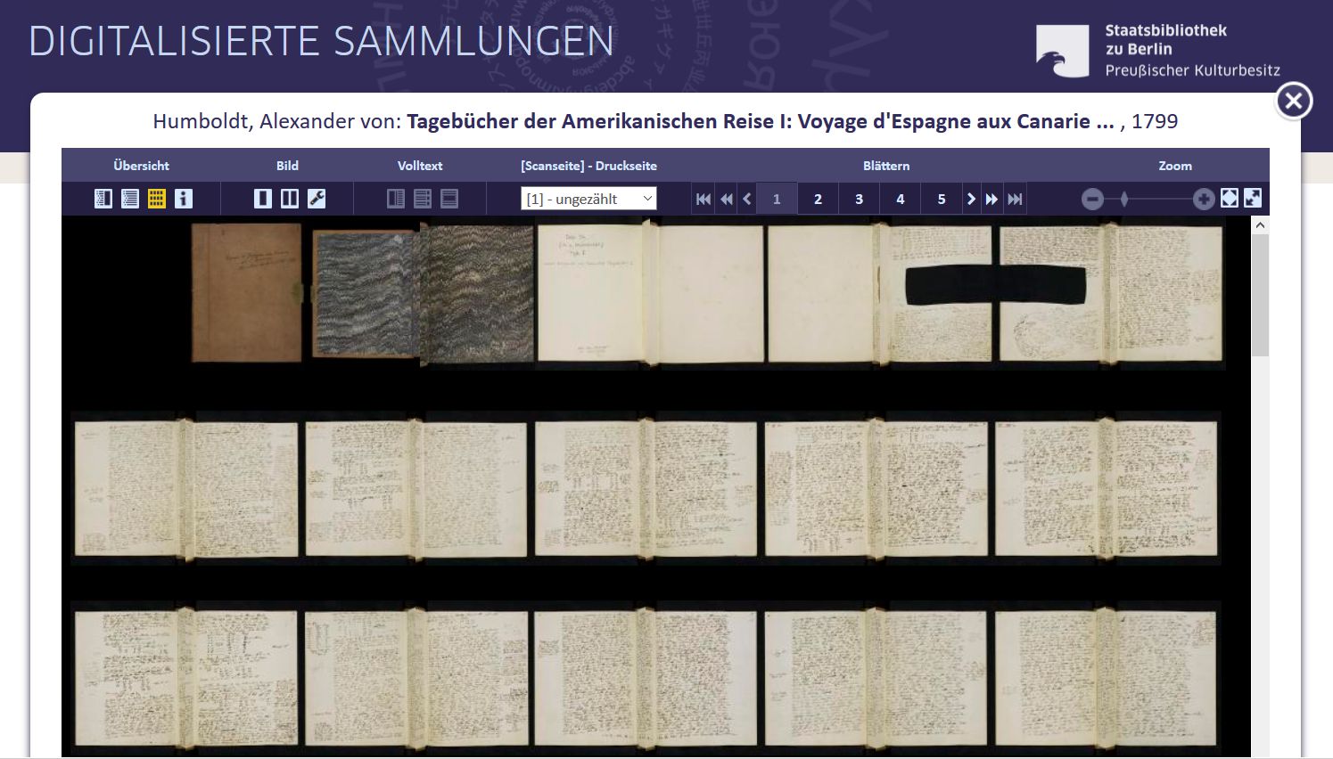 Imagen de la web con los diaros de Humboldt de la Biblioteca de la Universidad Estatal de Berllín