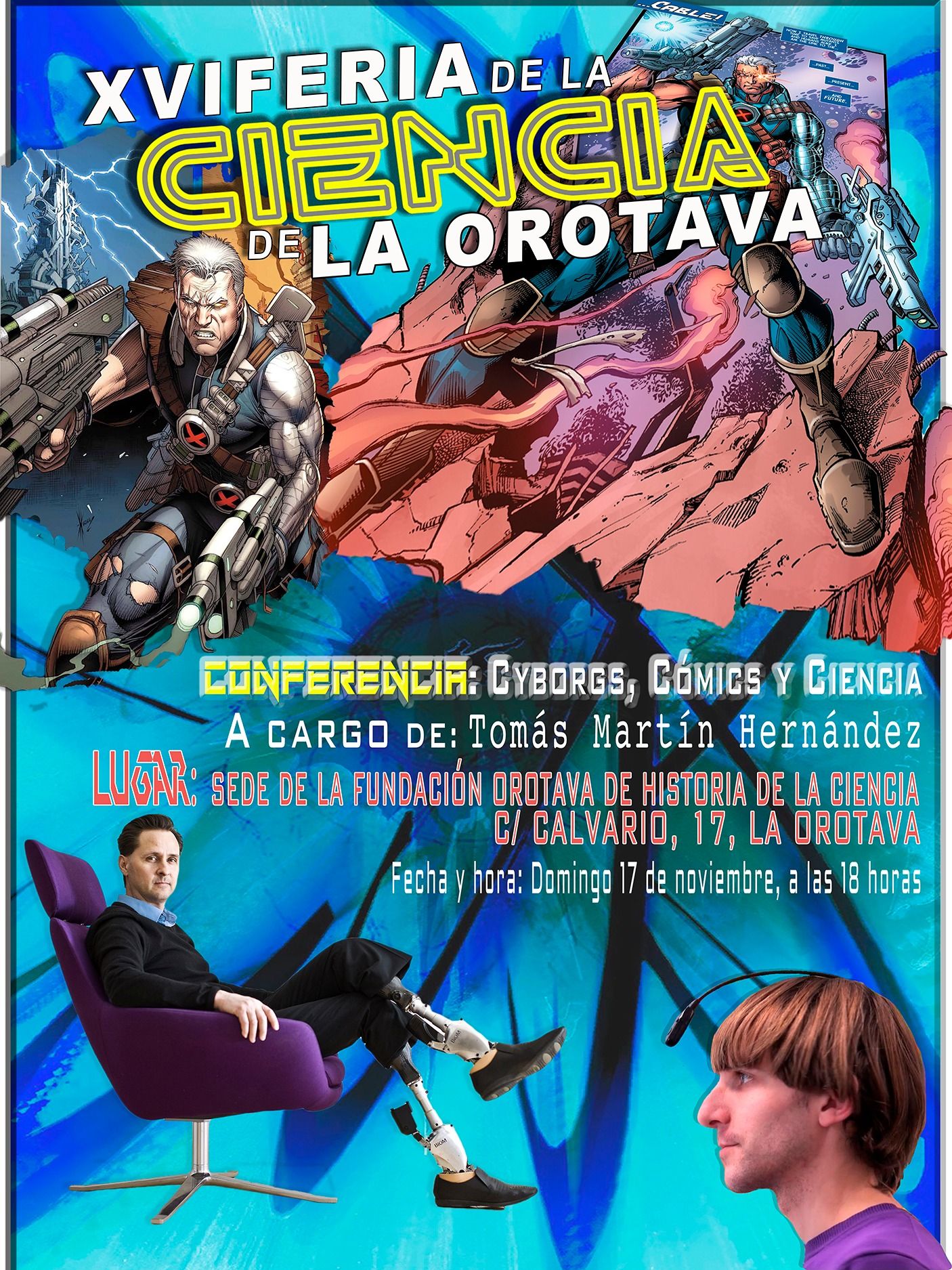 Cartel conferencia Cyborgs, cómics y ciencia de Tomás Martín