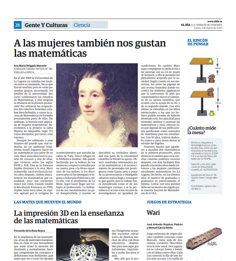 Artículo periódico El Día sobre matemáticas - 25 aniversario estudios Matemáticas ULL -2