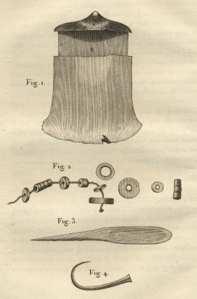 Diverses choses à l'usage des anciens Guanches  Fig.1 Hacha de piedra. Fig.2 Signos numéricos. Fig.3 Punzón de hueso. Fig.4 Anzuelo de hueso