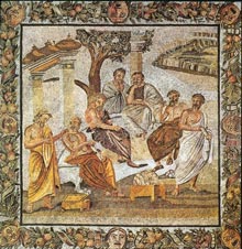 Mosaico griego representando una escena en la Academia de Platón
