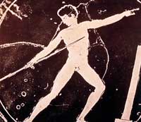 Lanzamiento de jabalina en Grecia, según la decoración de un vaso ateniense del siglo V a.n.e.