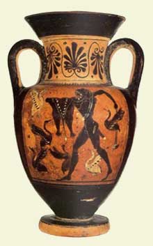 Heracles dando muerte a los pájaros de Estínfalo usando una honda, ánfora griega, c.a. 560 a.n.e.